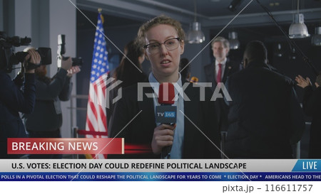 Anchorwoman reports breaking news live during Election Day in the United States Anchorwoman reports breaking news live during Election Day in the United States 116611757