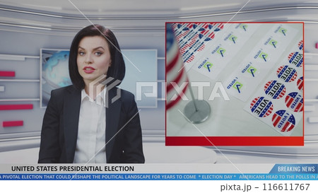 Female anchor in news studio reports live news about Election Day in the United States 116611767