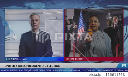 Male anchor listens live report from reporter on Presidential Election Day Male anchor listens live report from reporter on Presidential Election Day 116611768