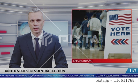 Male newscaster in studio reports breaking news about Election Day in the United States 116611769
