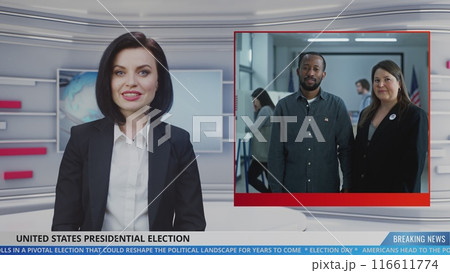 Female anchor in news studio reports live news about Election Day in the United States Female anchor in news studio reports live news about Election Day in the United States 116611774