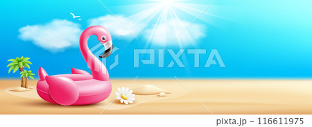 Pink flamingo inflatable swimming pool ring float, coconut tree, summer on sand beach banner design on cloud and sky blue background, eps 10 vector illustration Pink flamingo inflatable swimming pool ring float, coconut tree, summer on sand beach banner design on cloud and sky blue background, eps 10 vector illustration 116611975