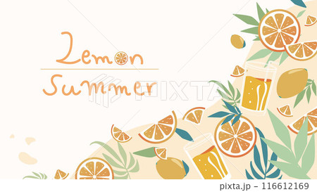 夏イメージ黄色いレモンのイラストの背景素材 116612169