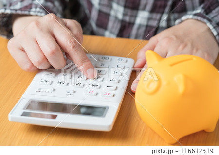 家計を電卓で計算する女性の手元 116612319