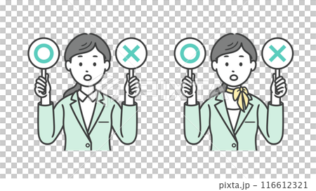 Upper body illustration of a female business man raising a circle and a cross Upper body illustration of a female business man raising a circle and a cross 116612321
