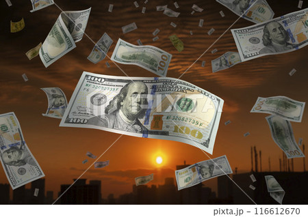 破滅して落下する100ドル紙幣のイメージ 116612670