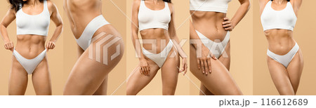 The image showcases a collage of a woman posing in various poses against a beige background. She is wearing white underwear and a white top, highlighting her toned physique and curves. The image showcases a collage of a woman posing in various poses against a beige background. She is wearing white underwear and a white top, highlighting her toned physique and curves. 116612689