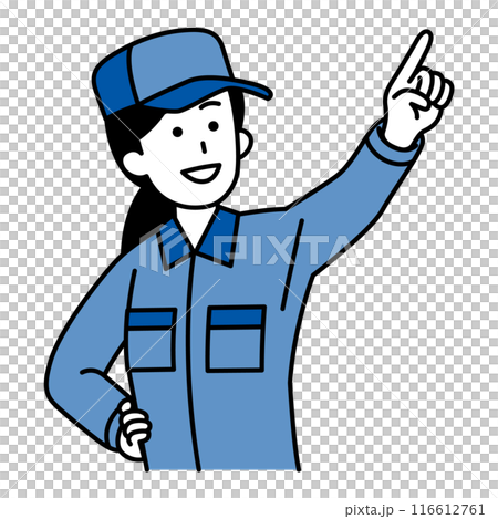 A woman in overalls pointing into the distance A woman in overalls pointing into the distance 116612761