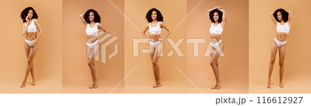 A smiling Black woman with dark curly hair stands in white underwear against a light tan background. The image is divided into five sections, showing the woman from different angles as she poses. A smiling Black woman with dark curly hair stands in white underwear against a light tan background. The image is divided into five sections, showing the woman from different angles as she poses. 116612927