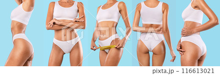 A woman is shown in five different poses against a light blue background. She is wearing a white sports bra and matching underwear. She is measuring different parts of her body, cropped 116613021