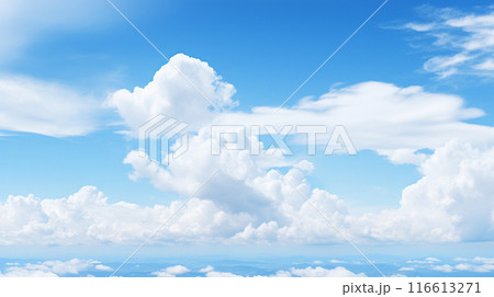 Blue sky and cloud with meadow tree. Plain landscape background for summer poster. Generate AI 116613271
