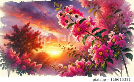 百日紅と夕日 116613331