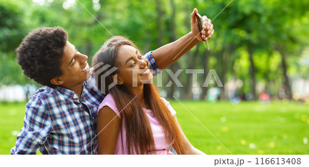 A teen black couple sitting on a grassy field in a park on a sunny day, taking selfie on smartphone. The couple is enjoying the beautiful weather and each others company, copy space 116613408