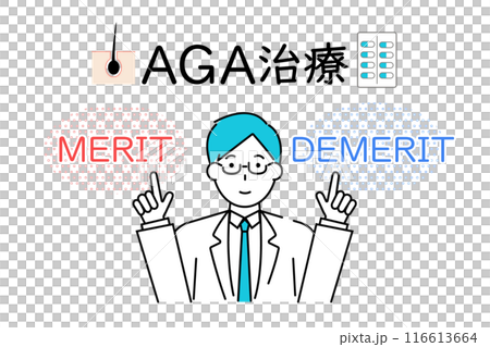 Illustration of a doctor explaining the advantages and disadvantages of AGA treatment 116613664