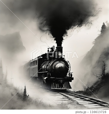 山間部を疾走する蒸気機関車【AI生成画像】のイラスト素材 [116613728