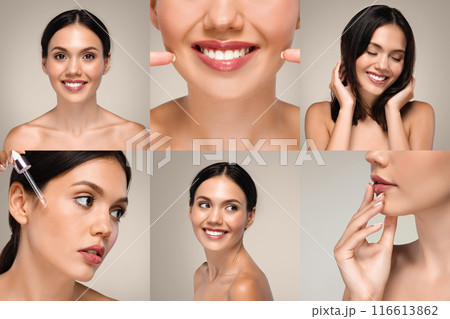 This image shows a young woman applying serum to her face and smiling. The image is split into multiple frames, showing the woman from different angles. Her skin appears healthy and glowing. This image shows a young woman applying serum to her face and smiling. The image is split into multiple frames, showing the woman from different angles. Her skin appears healthy and glowing. 116613862