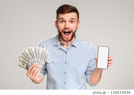 Happy to be reach. Surprised millennial guy with money and cellphone on studio background, blank space, mockup 116614036