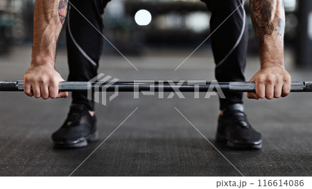 Barbell on floor and the man's hands on it. Weightlifting training at gym, free space 116614086