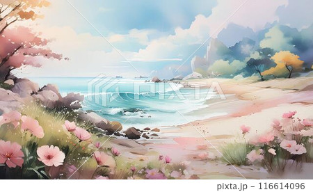 海の見える風景】水彩画風海岸のイラストのイラスト素材 [116614096