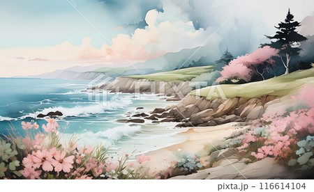【海の見える風景】水彩画風海岸のイラスト 【海の見える風景】水彩画風海岸のイラスト 116614104