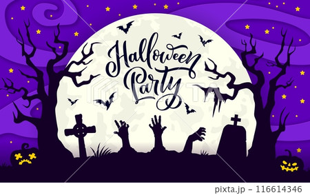 Halloween zombie hands on cemetery silhouette with paper cut midnight sky and stars. October and fall season horror event, Happy Halloween party papercut vector background with cemetery landscape 116614346