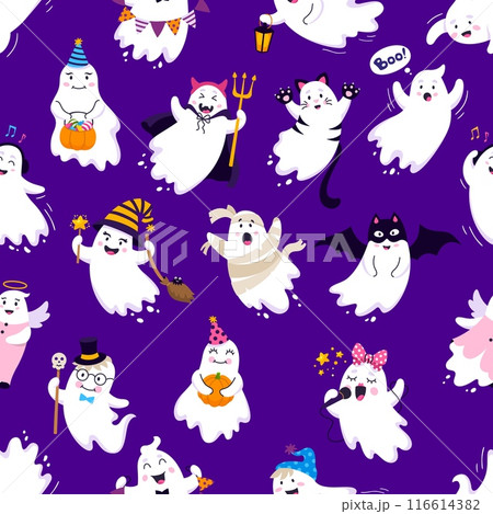 Cartoon Halloween kawaii ghosts seamless pattern. Halloween holiday night monsters characters vector background. Cute ghosts with trick or treat pumpkin wearing witch, bat, vampire and mummy costumes 116614382