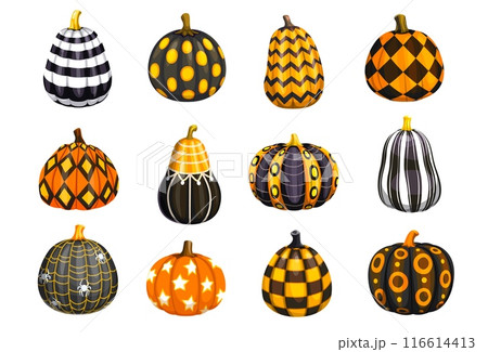 Cartoon Halloween pumpkins painted with ornament for holiday horror night, vector decoration. Halloween holiday greeting card decor pumpkins with spiders, spiderweb and stars pattern ornament 116614413