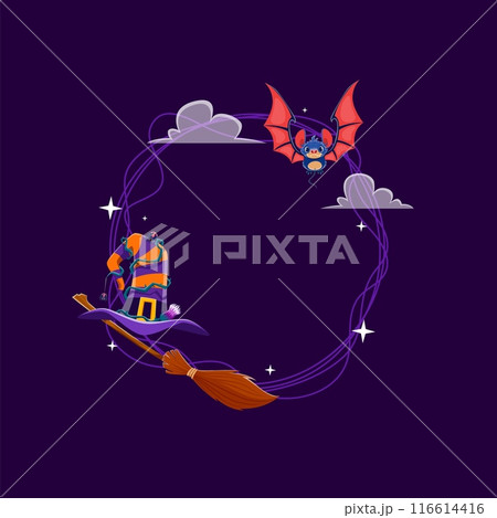 Halloween frame features a spooky bat against the night sky with star and clouds, witch hat, and a broomstick, creating an eerie atmosphere for the seasonal festivities. Vector round border for photo 116614416