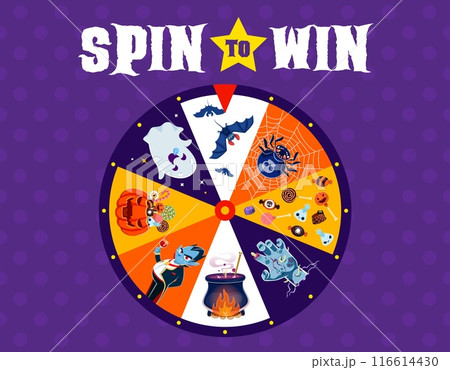 Halloween spin, fortune wheel roulette with cartoon horror holiday monsters characters. Vector trick or treat party casino game with spooky pumpkin, ghost, bats, Dracula vampire and witch cauldron Halloween spin, fortune wheel roulette with cartoon horror holiday monsters characters. Vector trick or treat party casino game with spooky pumpkin, ghost, bats, Dracula vampire and witch cauldron 116614430