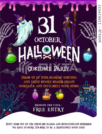 Halloween costume party flyer with holiday characters. Vector invitation banner featuring spooky witch, ghost, monster tree and skeleton hands. Potion flasks, haunted castle and dripping goo ghoulish 116614433
