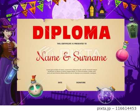 Halloween kids diploma with dark scary castle, potion bottles, witch and cemetery silhouette. Vector magic school certificate of achievement, award or diploma of Halloween trick or treat night holiday Halloween kids diploma with dark scary castle, potion bottles, witch and cemetery silhouette. Vector magic school certificate of achievement, award or diploma of Halloween trick or treat night holiday 116614453