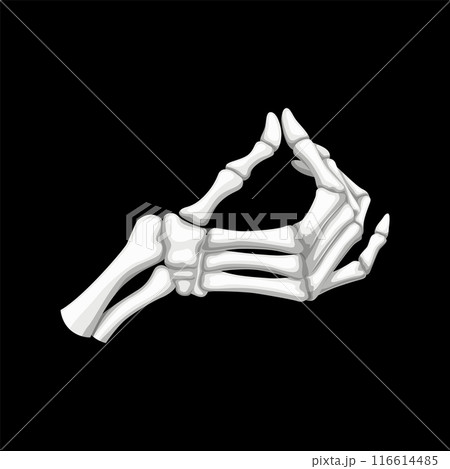 Bony skeleton hand contorts into a mischievous pinch gesture. Vector skeletal fingers poised with eerie precision, embodying a hauntingly playful expression in the spirit of Halloween 116614485