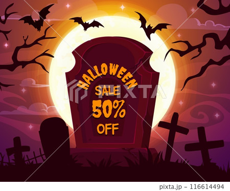 Halloween sale banner with cemetery tombstone and flying bats silhouettes on full moon sky vector background. Halloween holiday sale and trick or treat special offer flyer with midnight graveyard Halloween sale banner with cemetery tombstone and flying bats silhouettes on full moon sky vector background. Halloween holiday sale and trick or treat special offer flyer with midnight graveyard 116614494