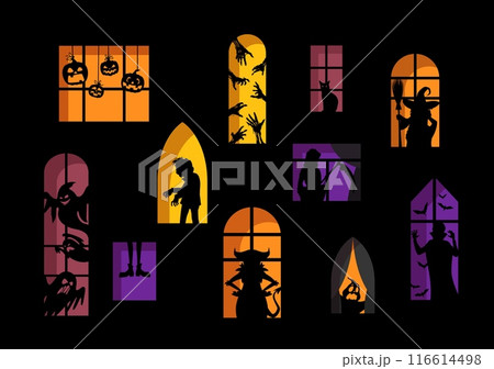 Scary silhouettes in Halloween windows. Creepy and spooky vector haunted house facade with pumpkin faces, witch, devil and ghosts, vampire, zombie, skeletal hands, black cat neighbors at horrible home 116614498