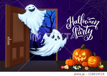 Halloween pumpkins and flying ghost characters in opened door, cartoon vector. Happy Halloween holiday and trick or treat party greeting with cute boo ghosts in scary pumpkin lantern and monster candy 116614519
