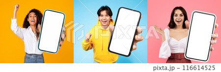 Amazed multiethnic people showing smartphones with blank screens and gesturing, recommending nice online offer, posing on colorful backgrounds 116614525