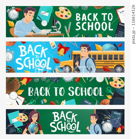 Back to school, student and teacher with education supplies, vector banners. Back to school stationery, student character with lessons books, copybooks, school bus and microscope for education study Back to school, student and teacher with education supplies, vector banners. Back to school stationery, student character with lessons books, copybooks, school bus and microscope for education study 116614526