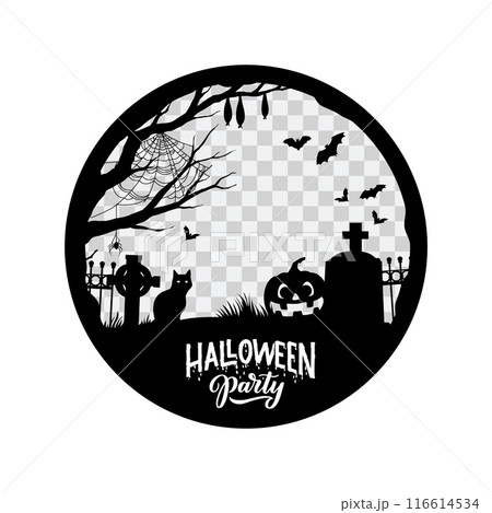 Halloween holiday social media post template frame with spooky pumpkin on cemetery, vector silhouette. Halloween holiday border frame for social media publication with black cat and bats or tombstone 116614534