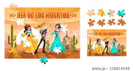 Day of the dead Mexican holiday jigsaw puzzle quiz game pieces. Dia de los muertos educational vector worksheet for preschool children with funny cartoon Catrina dancers and mariachi skeleton musician 116614548