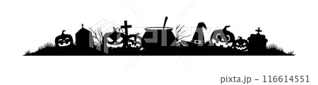 Halloween frame border and divider with vector silhouettes of horror pumpkins, witch hat, cemetery tombstone and crosses, witch potion cauldron and spooky tree. Halloween holiday web banner border 116614551