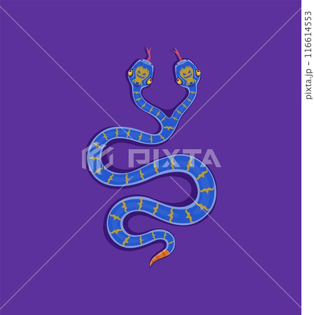Cartoon Halloween double headed snake character. Halloween reptile with two heads, magic occult kingsnake personage with long tongues top view. Autumn holiday serpent embodies duality and mystery Cartoon Halloween double headed snake character. Halloween reptile with two heads, magic occult kingsnake personage with long tongues top view. Autumn holiday serpent embodies duality and mystery 116614553