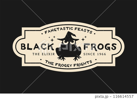 Halloween potion bottle label with witch frog. Halloween season celebration party drink or potion, autumn horror event beverage grunge vector bottle label, tag or sticker with frog in witch hat 116614557