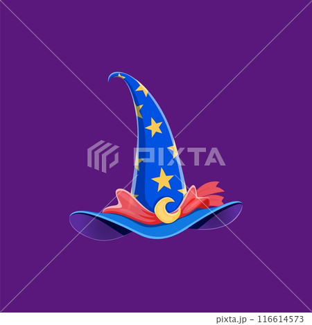 Cartoon Halloween witch hat with stars, moon buckle and playful pink bow. Isolated vector whimsical blue astrologer cap with wide brim. Enchanting accessory for a bewitching look on All Hallows Eve Cartoon Halloween witch hat with stars, moon buckle and playful pink bow. Isolated vector whimsical blue astrologer cap with wide brim. Enchanting accessory for a bewitching look on All Hallows Eve 116614573