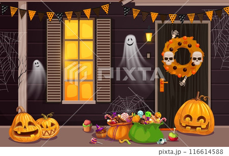 Halloween sweets on holiday door porch with pumpkins and ghosts, cartoon vector. Halloween horror night and trick or treat party spooky decorations on house door, candy sweets in spiderweb and skull 116614588