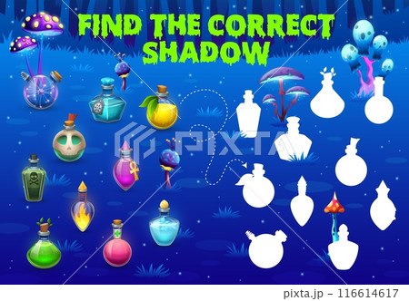 Halloween game, find the correct shadow of potion bottles puzzle worksheet. Vector kids quiz of matching potion glass bottles, magician poison vials and alchemy elixir flasks on fairytale meadow 116614617