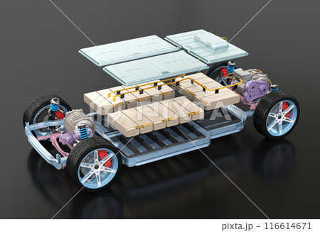 黒バックに電気自動車用のプラットフォームの構造イメージ。アイソメ図。部品ごと色分け。 116614671