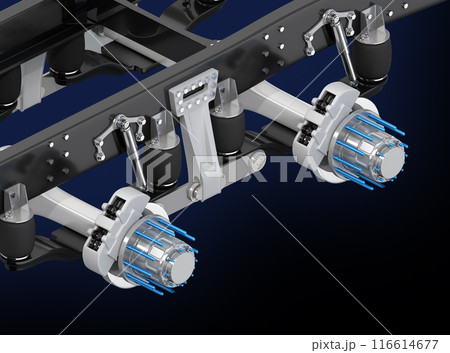 黒バックにトラックのラダーフレーム、エアサス、ブレーキシステムのテクニカルイラスト 黒バックにトラックのラダーフレーム、エアサス、ブレーキシステムのテクニカルイラスト 116614677