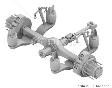 トラックのラダーフレーム、エアサス、ブレーキシステムのテクニカルイラスト。クレイレンダリング。 トラックのラダーフレーム、エアサス、ブレーキシステムのテクニカルイラスト。クレイレンダリング。 116614682