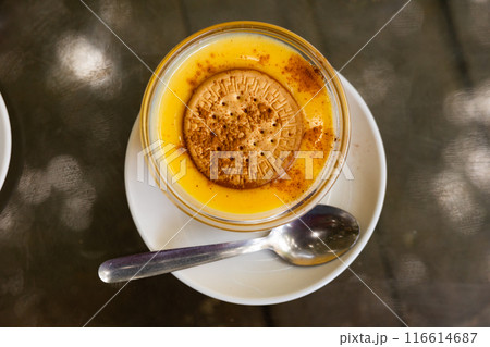 Delicate custard dessert made from milk, eggs and sugar, ornamented with soda biscuit. Delicate custard dessert made from milk, eggs and sugar, ornamented with soda biscuit. 116614687