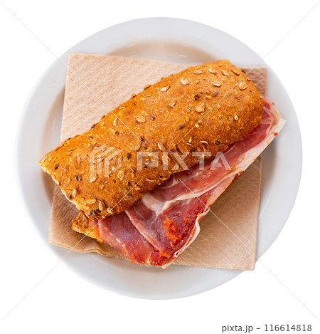 Sandwiches bocadillo from baguette filled with sliced ham. Traditional Spanish food 116614818